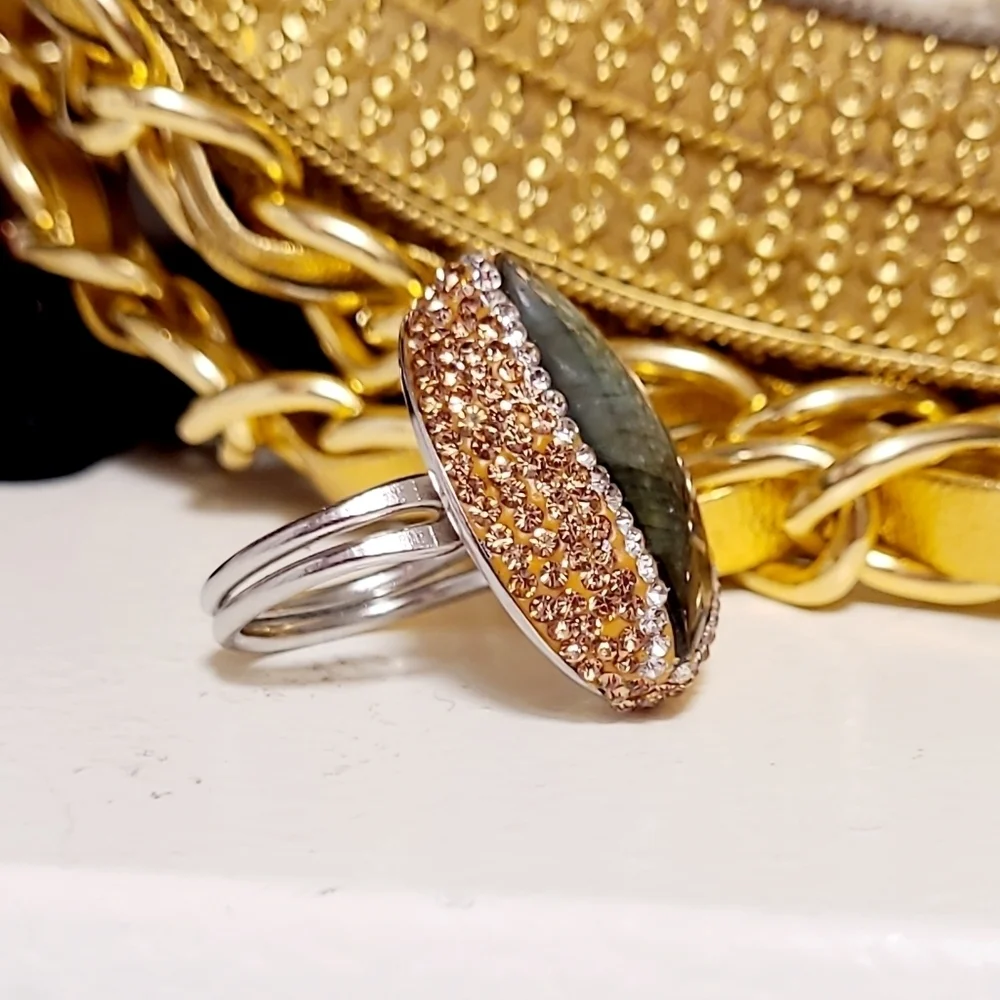 Natural Labradorite & Pave set Hematite Large Silver Ring